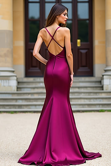 Robe de bal longue en satin sirène sirène violet foncé